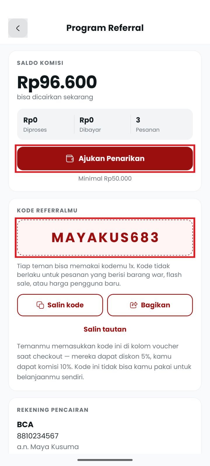 Langkah 4: Lihat saldo & kode referralmu
