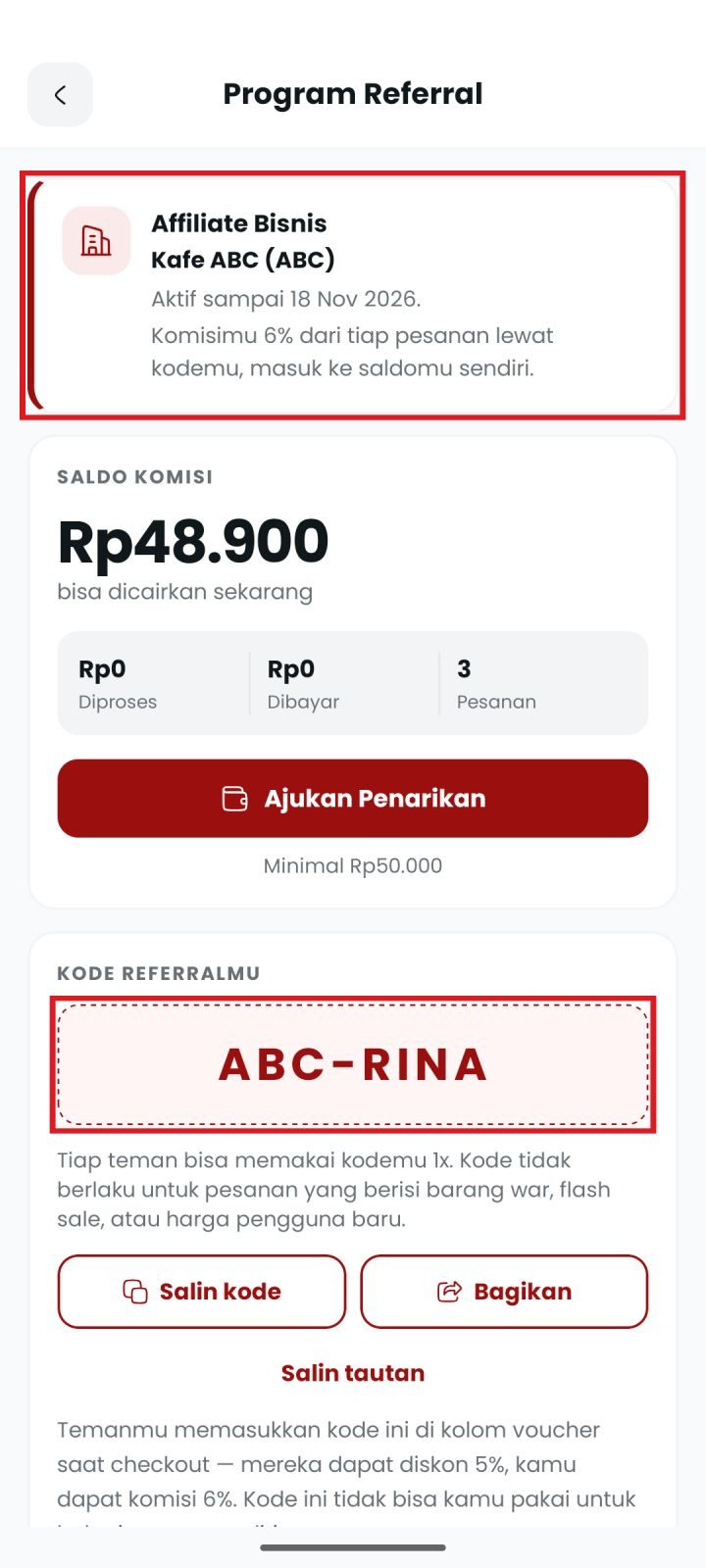 Langkah 3: Lihat kartu & kode referralmu