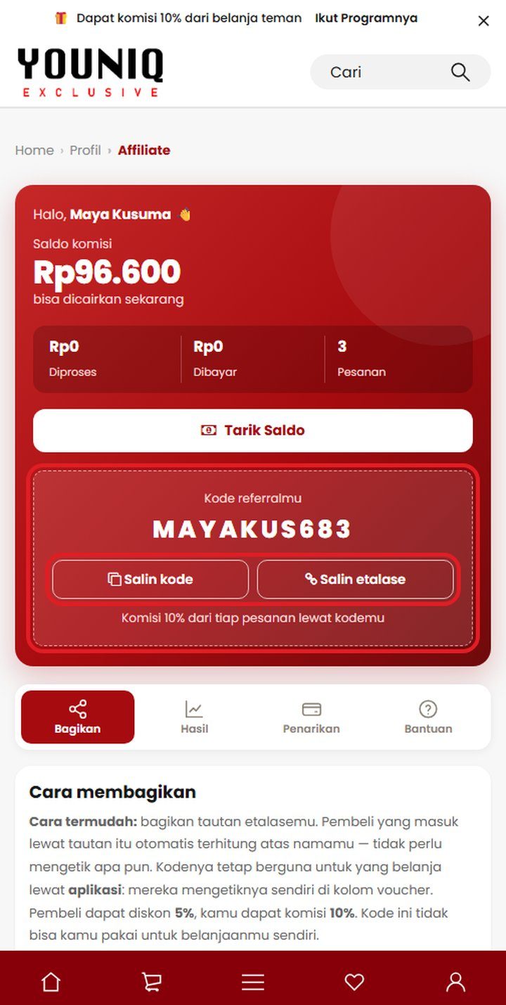Langkah 3: Lihat saldo & kode referralmu