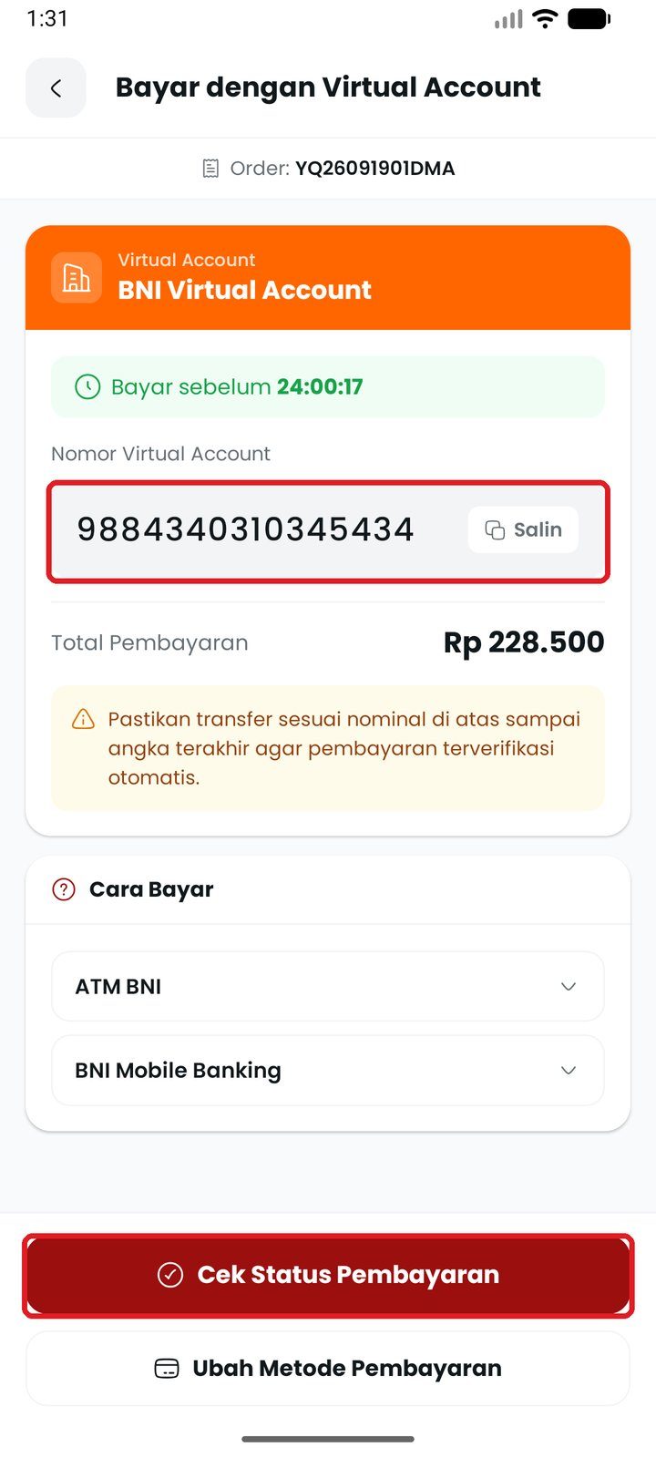 Langkah 7: Transfer ke nomor Virtual Account