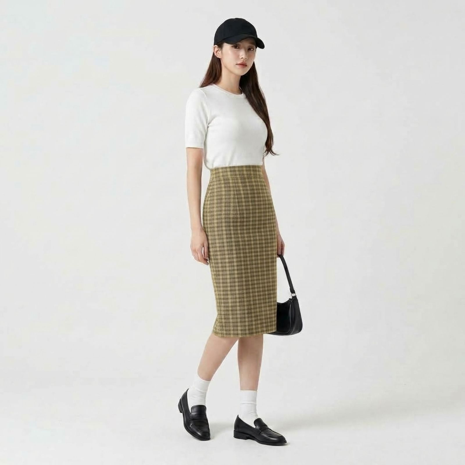 Rok Tartan 7/8 | Rok Tartan Pendek Wanita MUSTARD