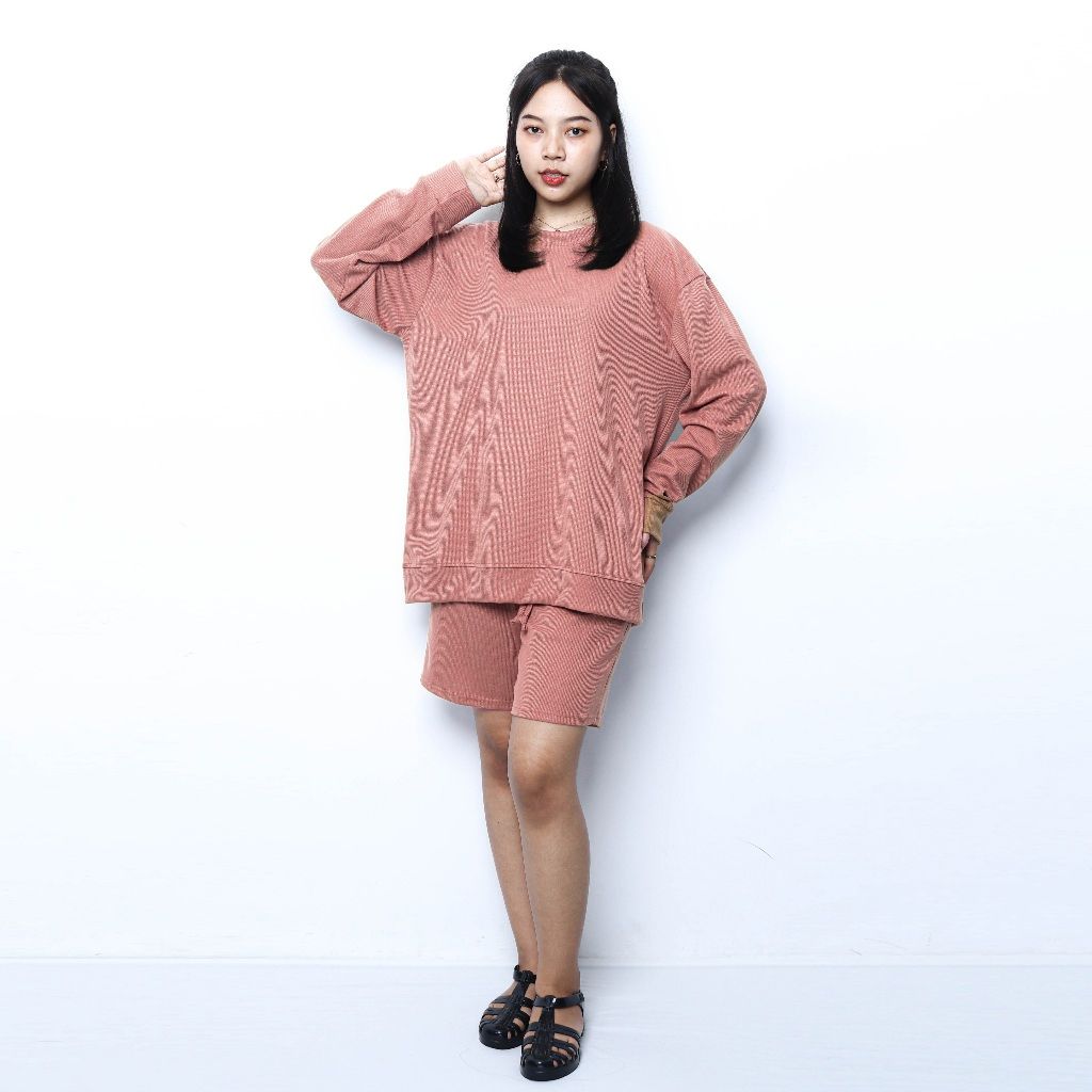 Setelan Sweater dan Celana Oversize Unisex | Oneset Oversize Unisex Waffle Lengan Panjang Bahan Knit Waffle by Obasic.id DUSTY PINK