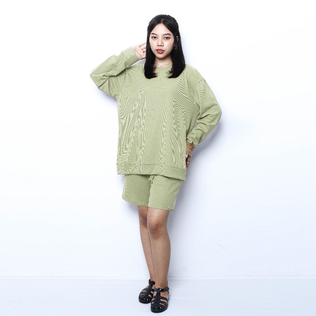 Setelan Sweater dan Celana Oversize Unisex | Oneset Oversize Unisex Waffle Lengan Panjang Bahan Knit Waffle by Obasic.id MATCHA