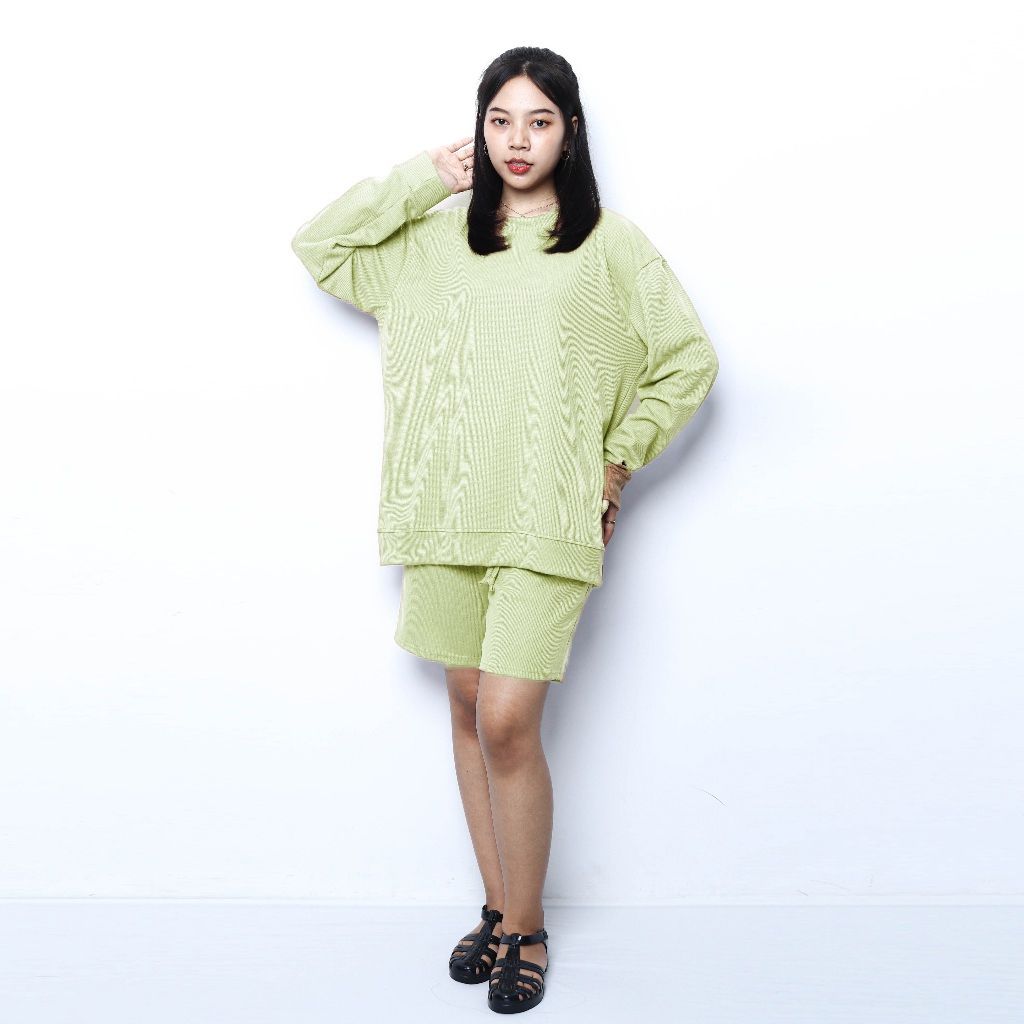 Setelan Sweater dan Celana Oversize Unisex | Oneset Oversize Unisex Waffle Lengan Panjang Bahan Knit Waffle by Obasic.id MINT
