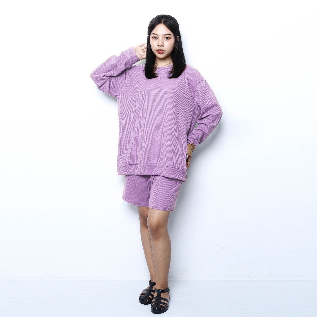 Setelan Sweater dan Celana Oversize Unisex | Oneset Oversize Unisex Waffle Lengan Panjang Bahan Knit Waffle by Obasic.id PURPLE