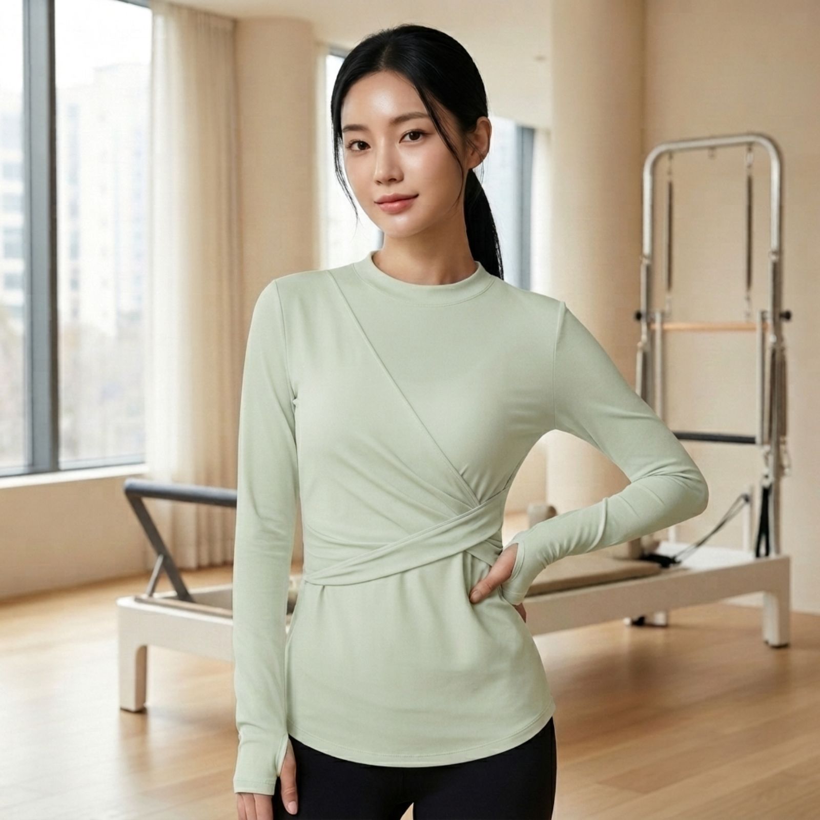 Ayla Wrap Sport Top Wanita | Baju Olahraga Lengan Panjang | Atasan Yoga Pilates Gym | Thumbhole SAGE