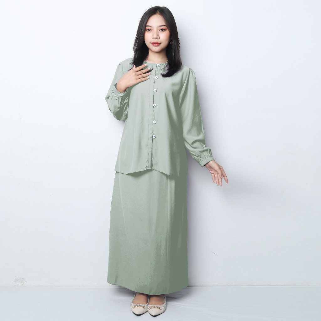 Heidy Oneset Setelan Wanita Atasan Blouse Lengan Panjang dan Rok Cuttingan Lurus Casual Style by Youniq.id ONE SET - SAGE