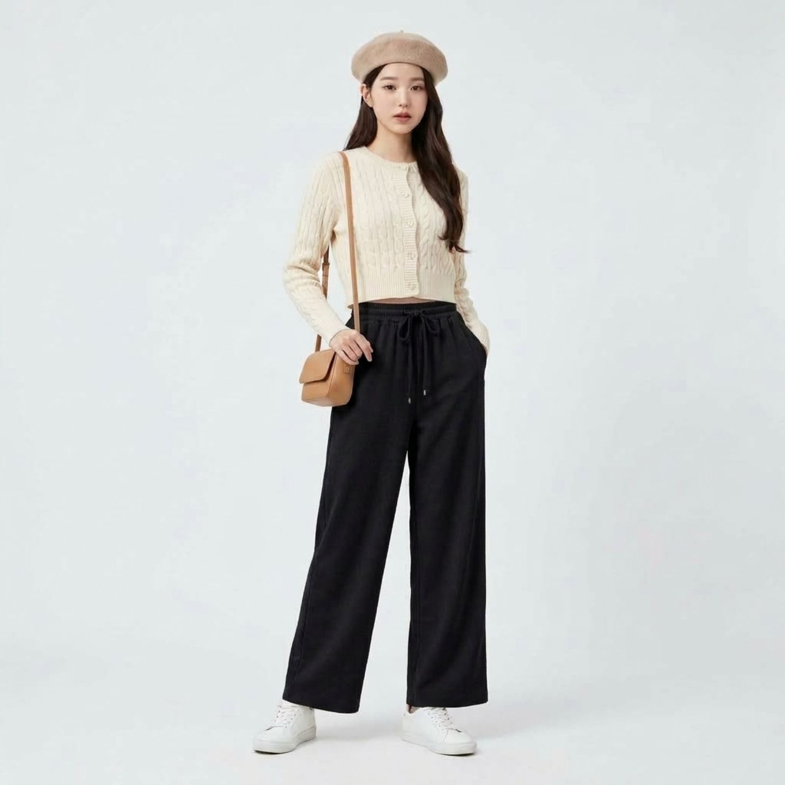 Celana Kulot Knit Pants - Loose Pants Highwaist Basic Strech Premium BLACK