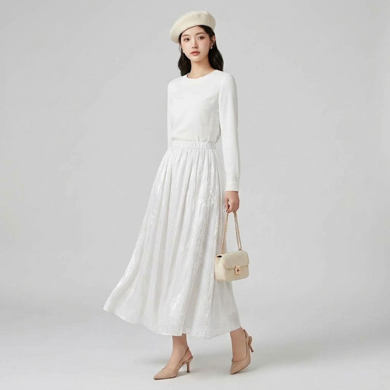 Rok Shimmer Silk Panjang | Rok Plisket Shimmer Wanita WHITE