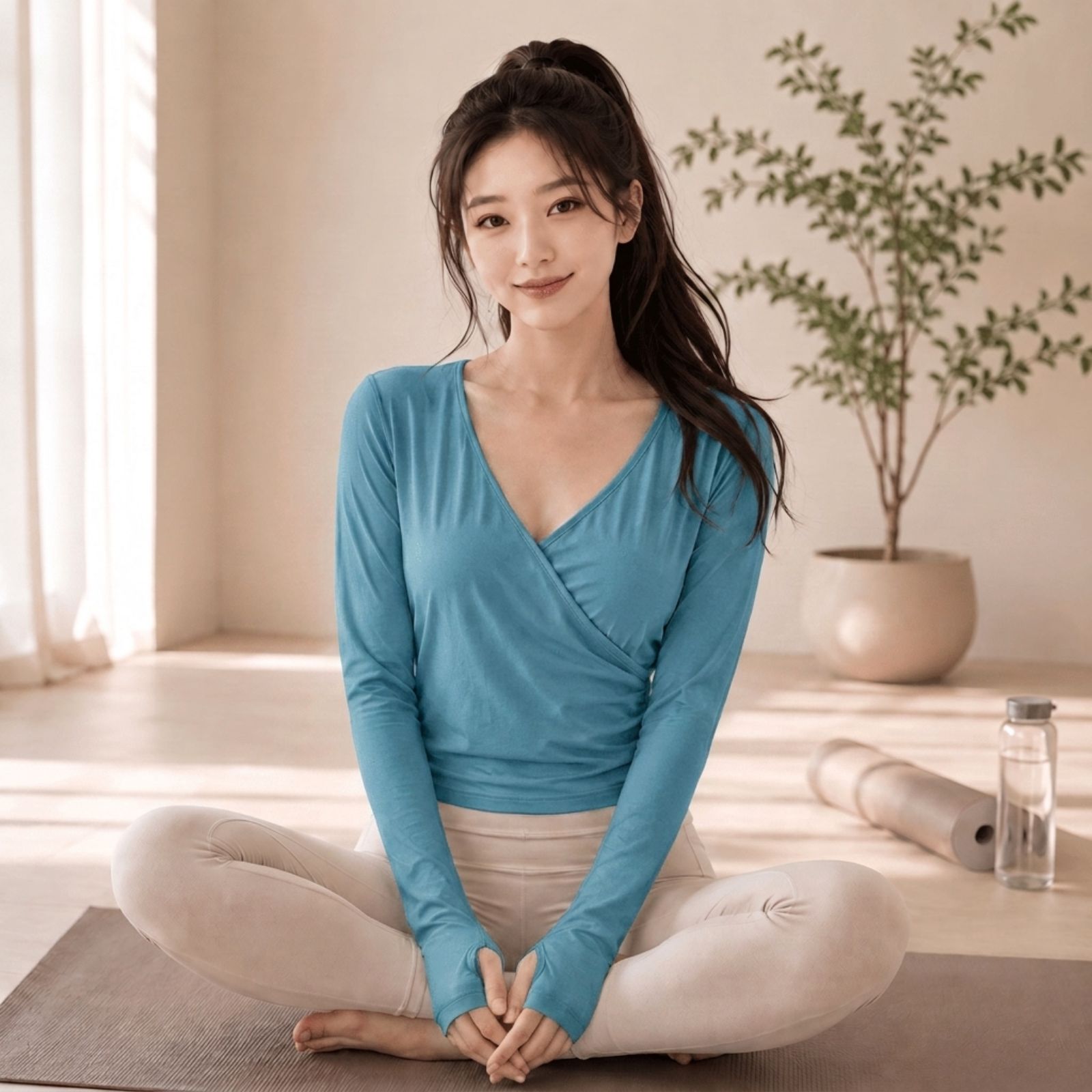 Atasan Yoga & Pilates Wanita Lengan Panjang – Wrap Top Sporty Elegan BLUE