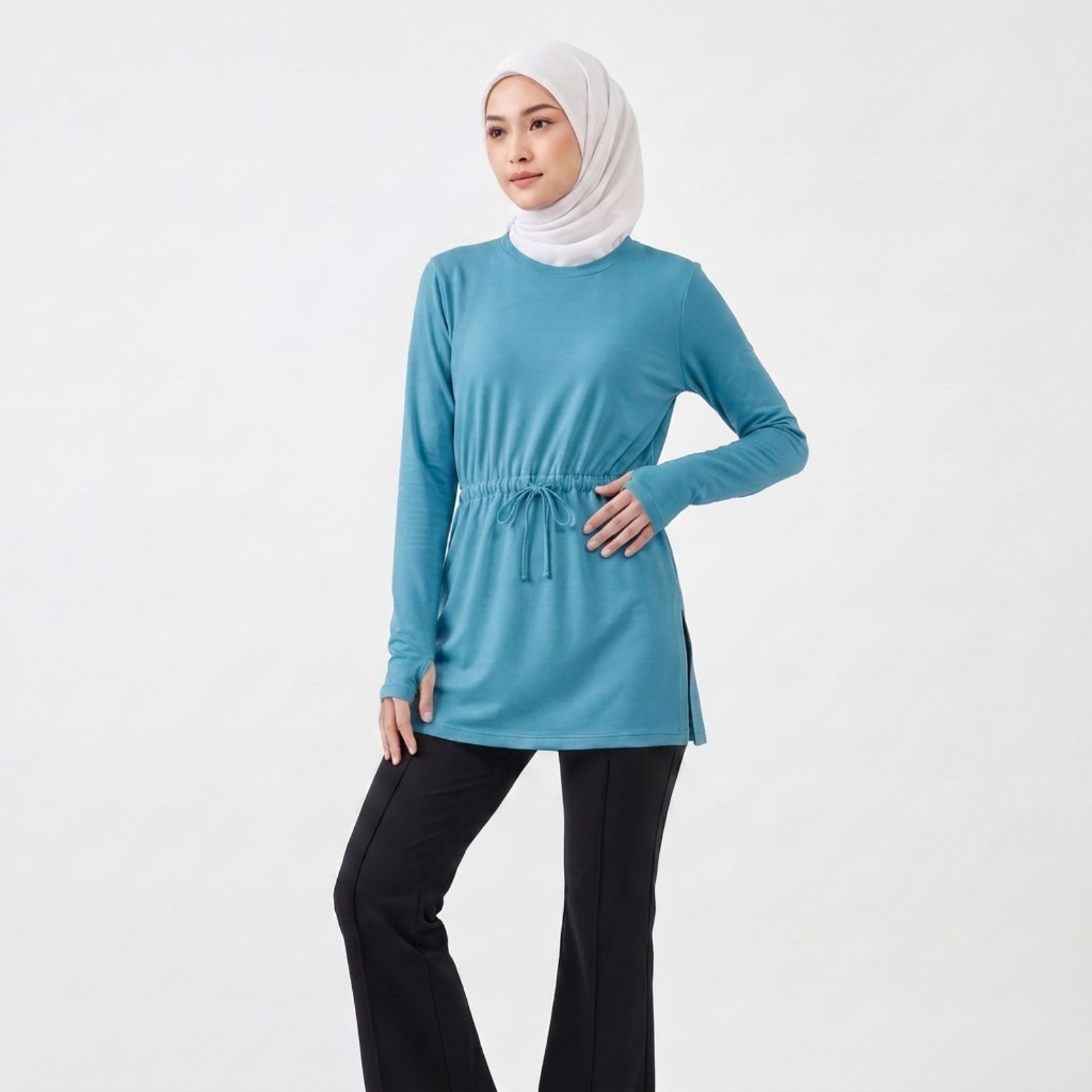 Tunik Wanita Lengan Panjang Serut Pinggang | Long Sleeve Drawstring Tunic Top BLUE