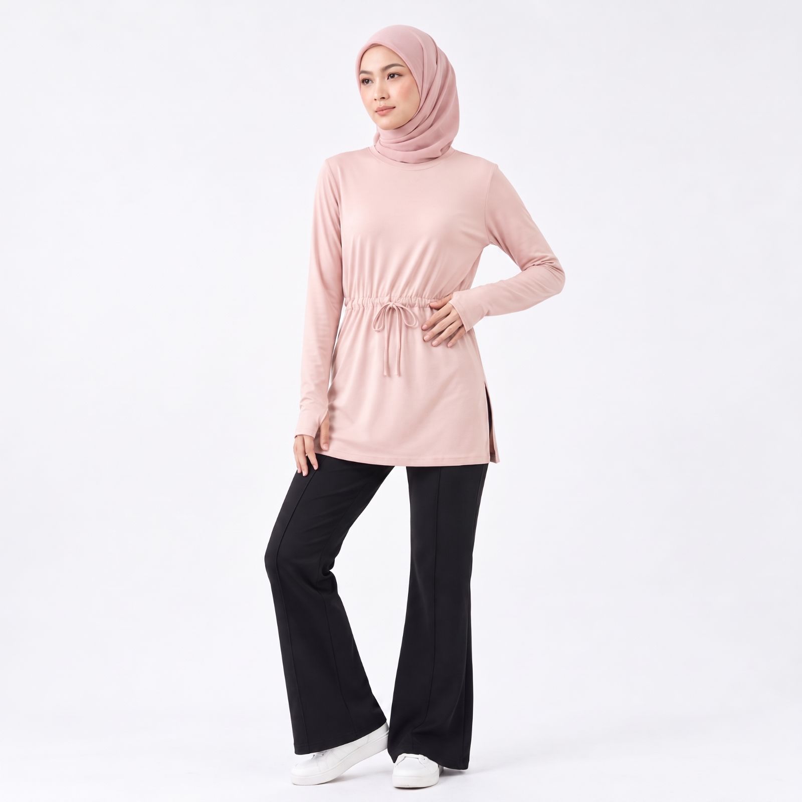Tunik Wanita Lengan Panjang Serut Pinggang | Long Sleeve Drawstring Tunic Top DUSTY