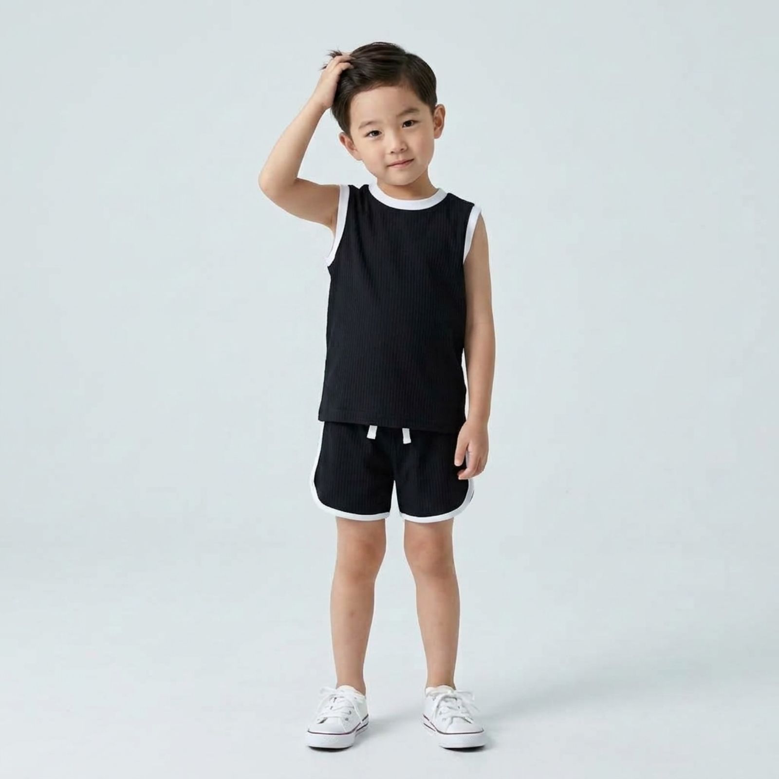 One Set Stripe Anak Tanpa Lengan HITAM