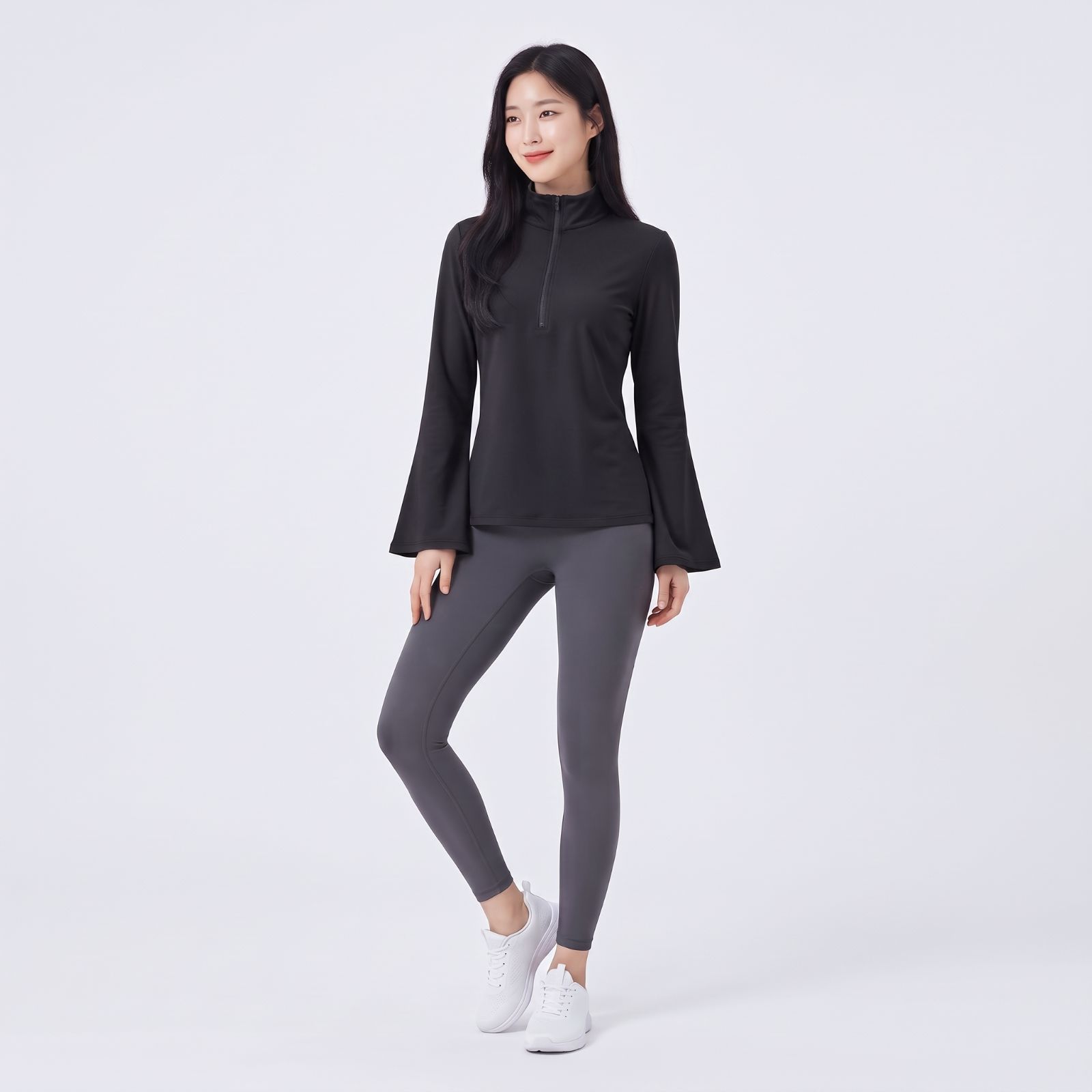 Atasan Sporty Half-Zip Wanita – Korean Casual Fit HITAM