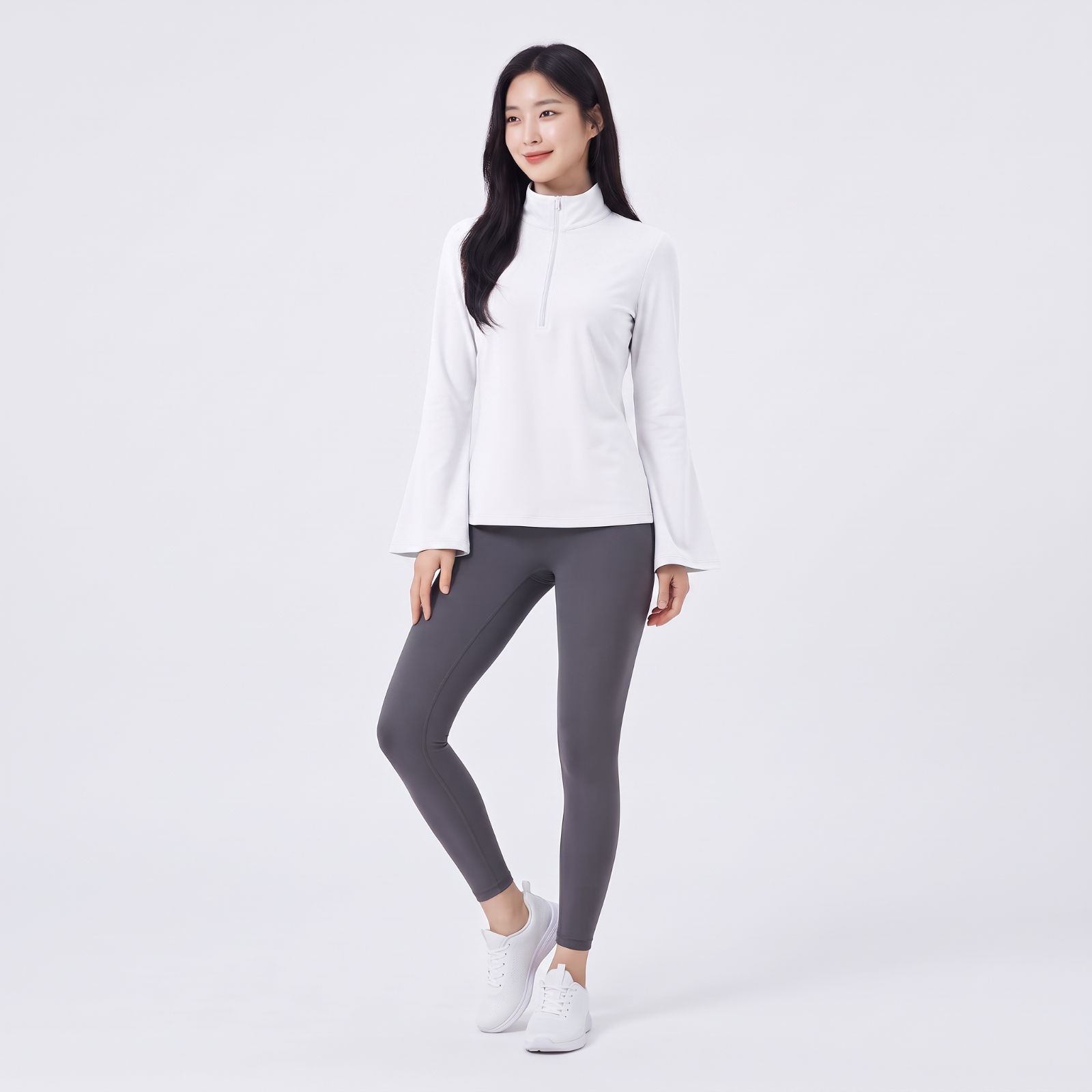 Atasan Sporty Half-Zip Wanita – Korean Casual Fit PUTIH