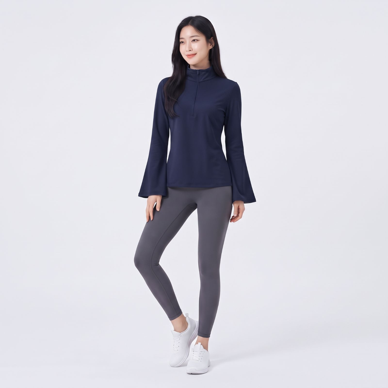 Atasan Sporty Half-Zip Wanita – Korean Casual Fit NAVY