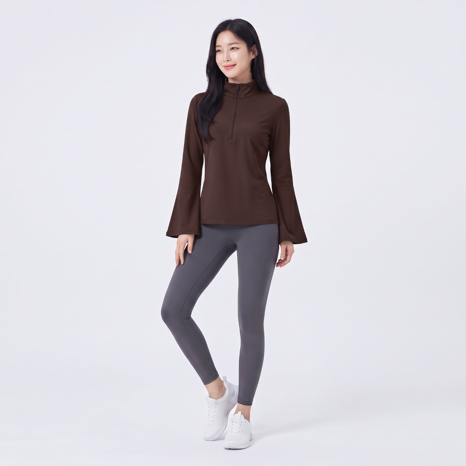 Atasan Sporty Half-Zip Wanita – Korean Casual Fit MAHOGANY