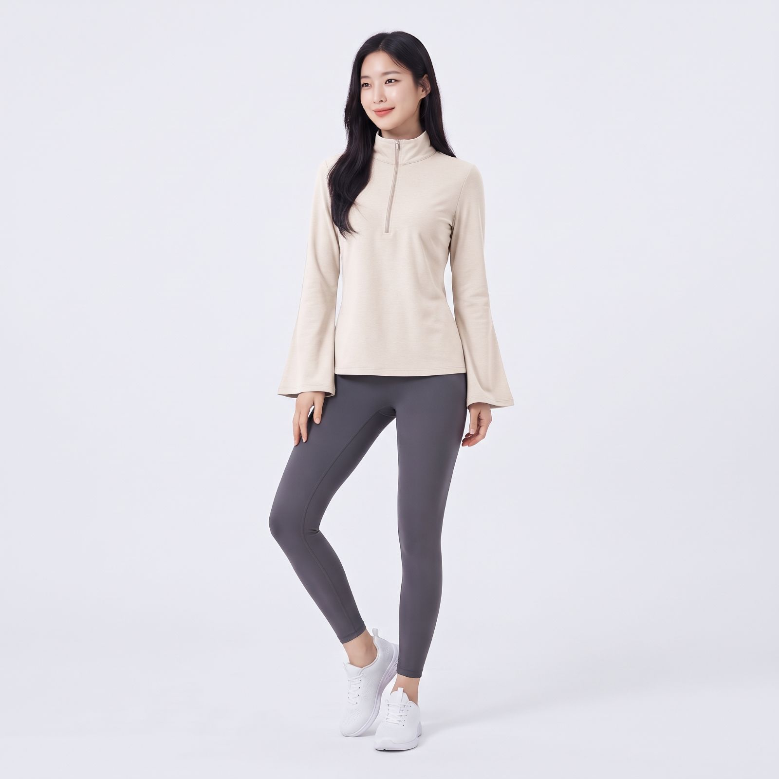 Atasan Sporty Half-Zip Wanita – Korean Casual Fit BROKEN WHITE