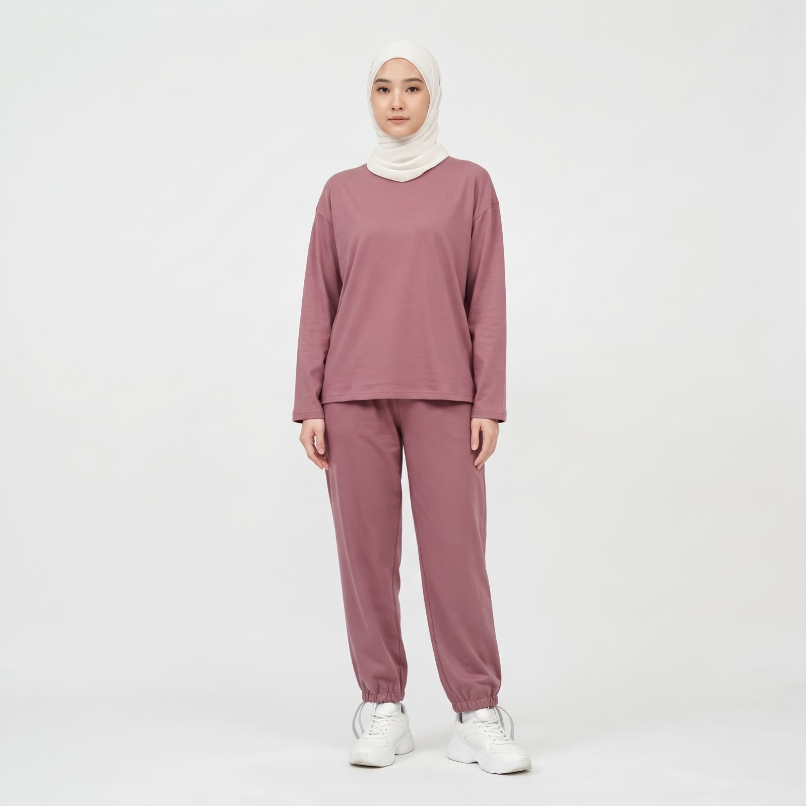 Set Baju Olahraga Wanita Lengan Panjang & Celana Jogger Katun Adem Premium DUSTY