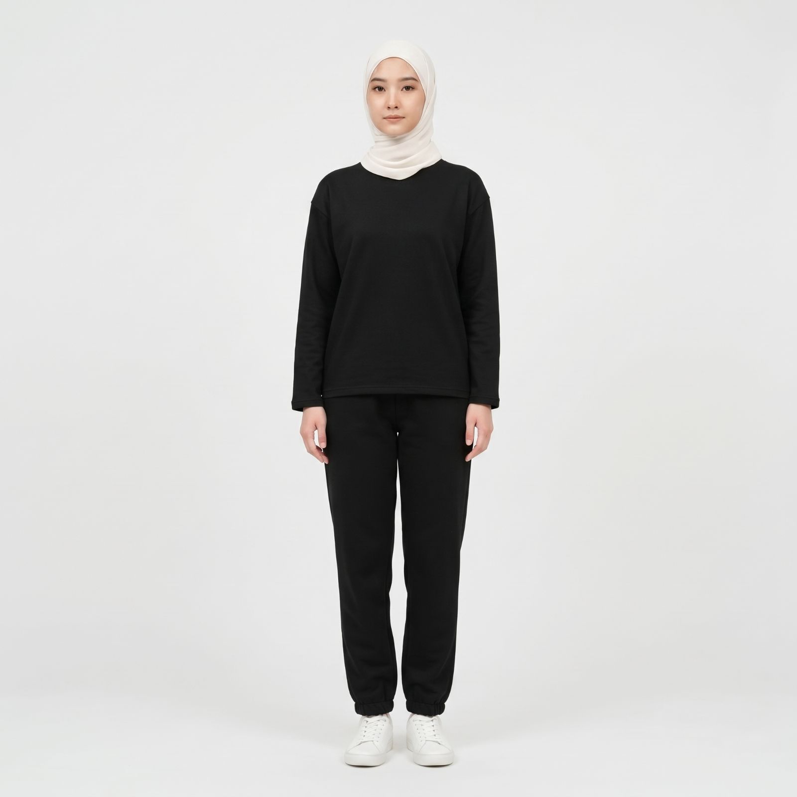 Set Baju Olahraga Wanita Lengan Panjang & Celana Jogger Katun Adem Premium HITAM