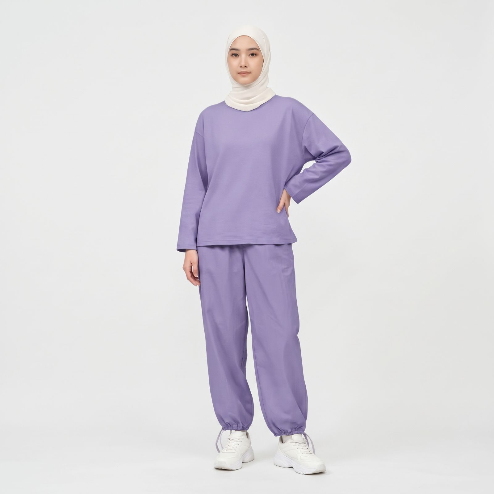 Set Baju Olahraga Wanita Lengan Panjang & Celana Jogger Katun Adem Premium LILAC