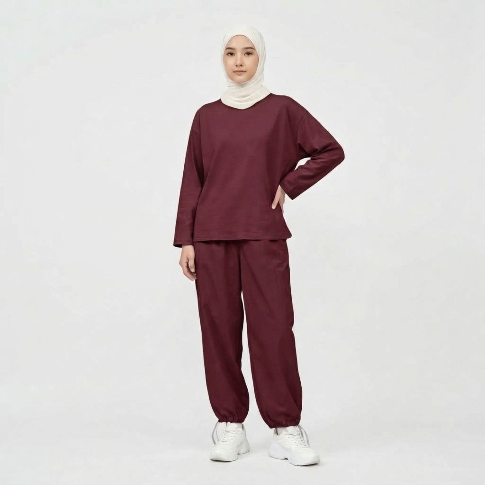 Set Baju Olahraga Wanita Lengan Panjang & Celana Jogger Katun Adem Premium MAROON