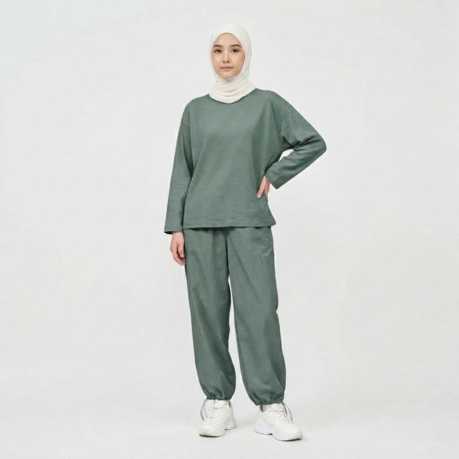 Set Baju Olahraga Wanita Lengan Panjang & Celana Jogger Katun Adem Premium MINERAL GREEN