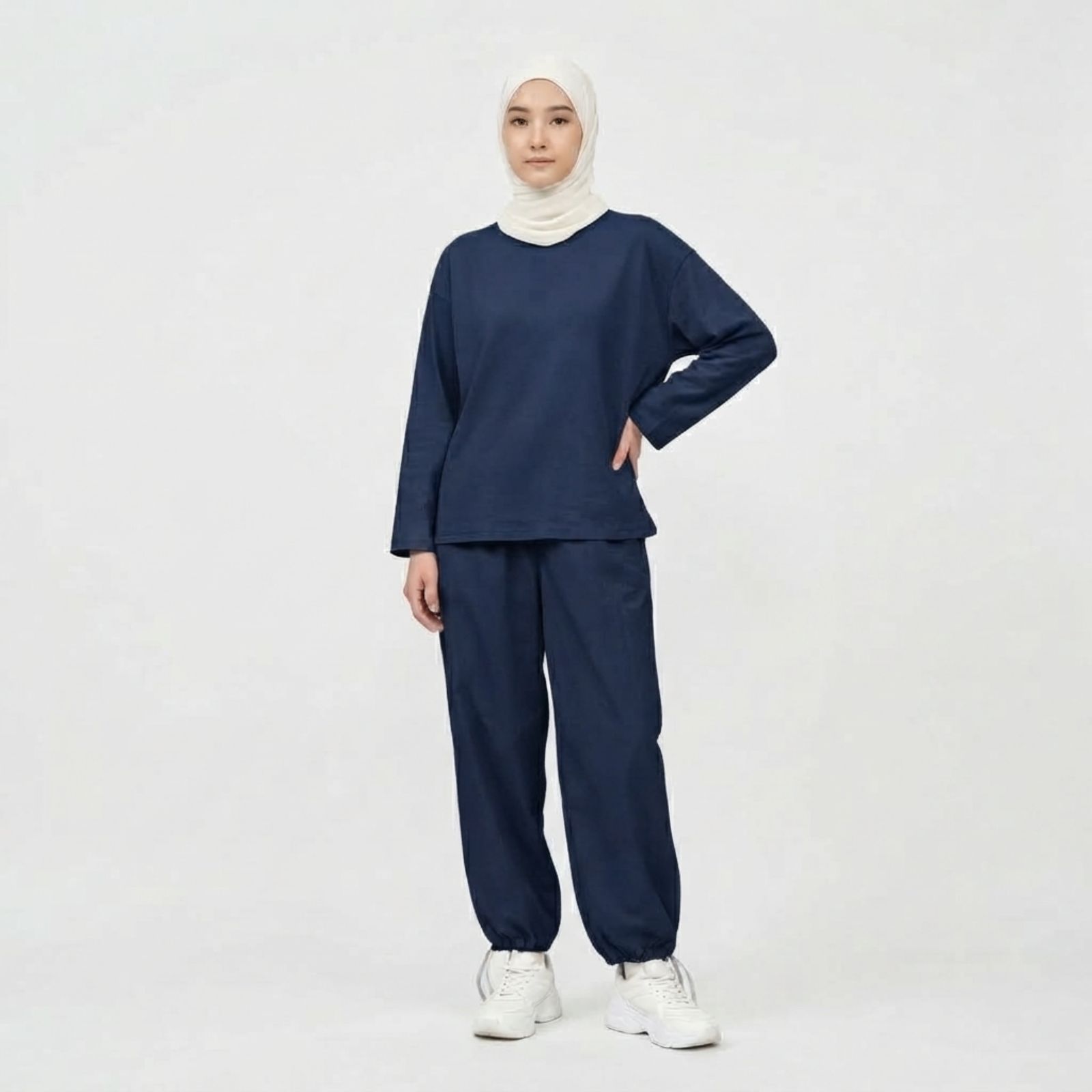 Set Baju Olahraga Wanita Lengan Panjang & Celana Jogger Katun Adem Premium NAVY