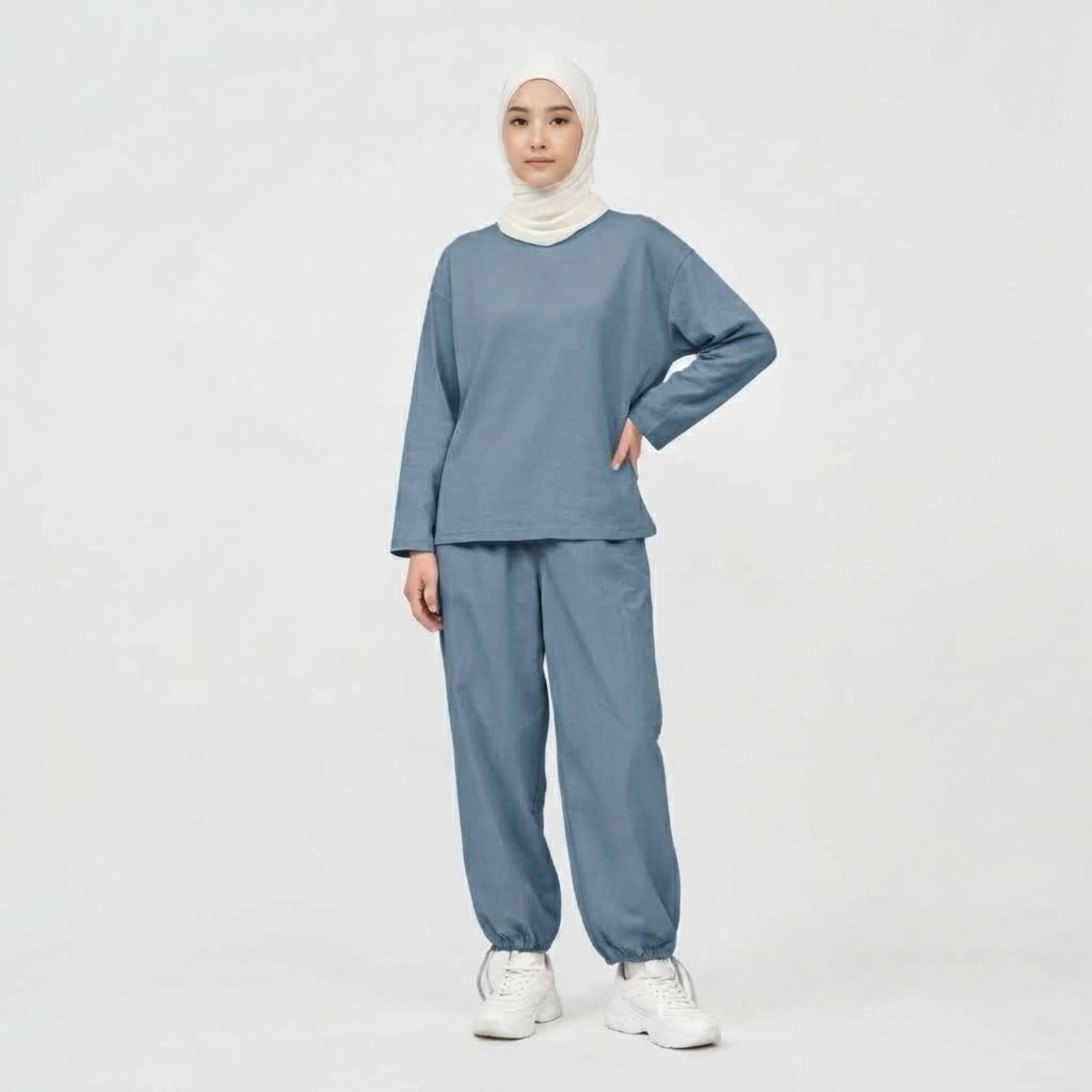 Set Baju Olahraga Wanita Lengan Panjang & Celana Jogger Katun Adem Premium STEEL BLUE