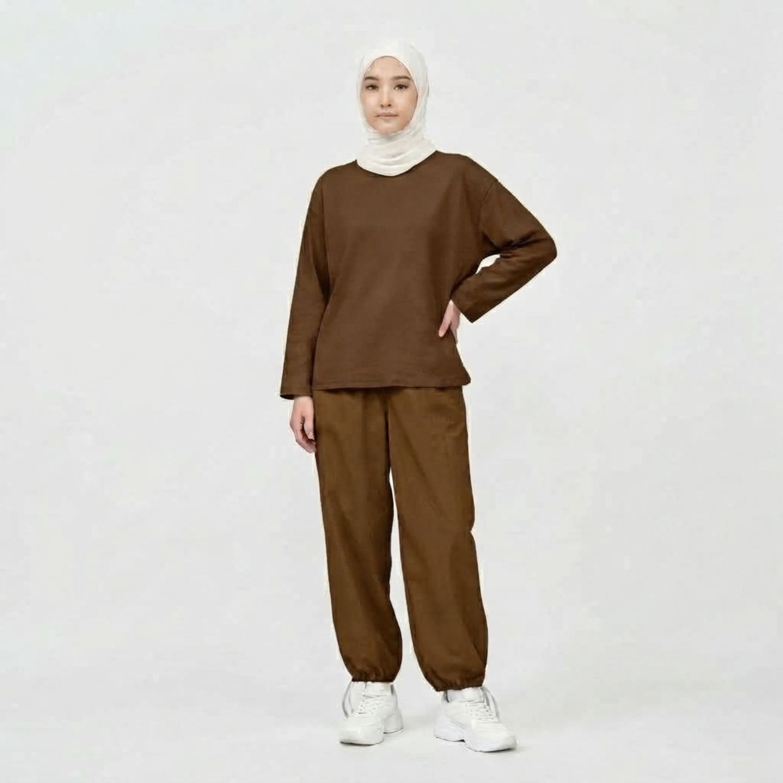 Set Baju Olahraga Wanita Lengan Panjang & Celana Jogger Katun Adem Premium TOFFE
