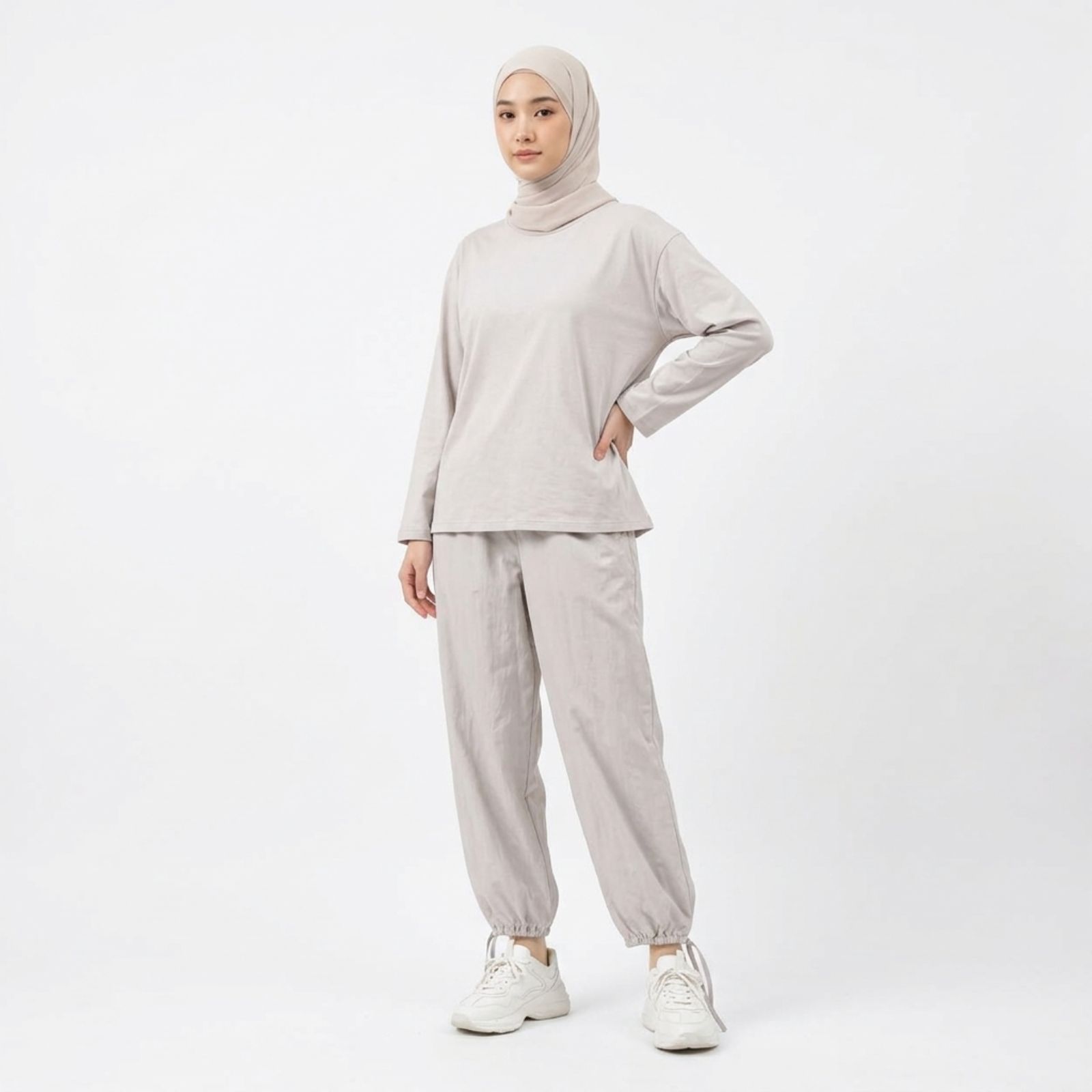 Set Baju Olahraga Wanita Lengan Panjang & Celana Jogger Katun Adem Premium sampul