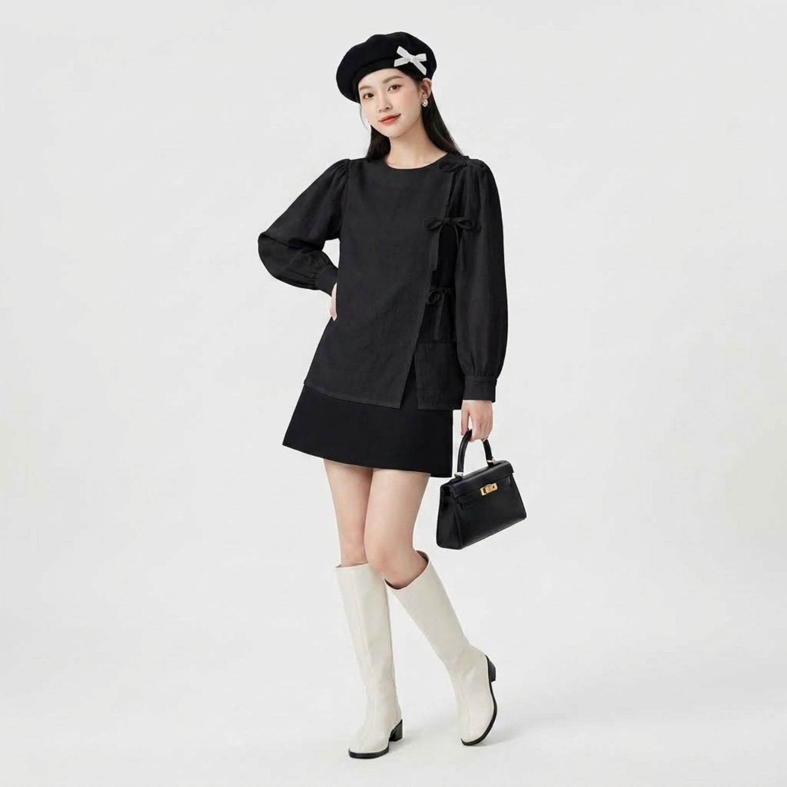 Blouse Korean Bow Elegance HITAM