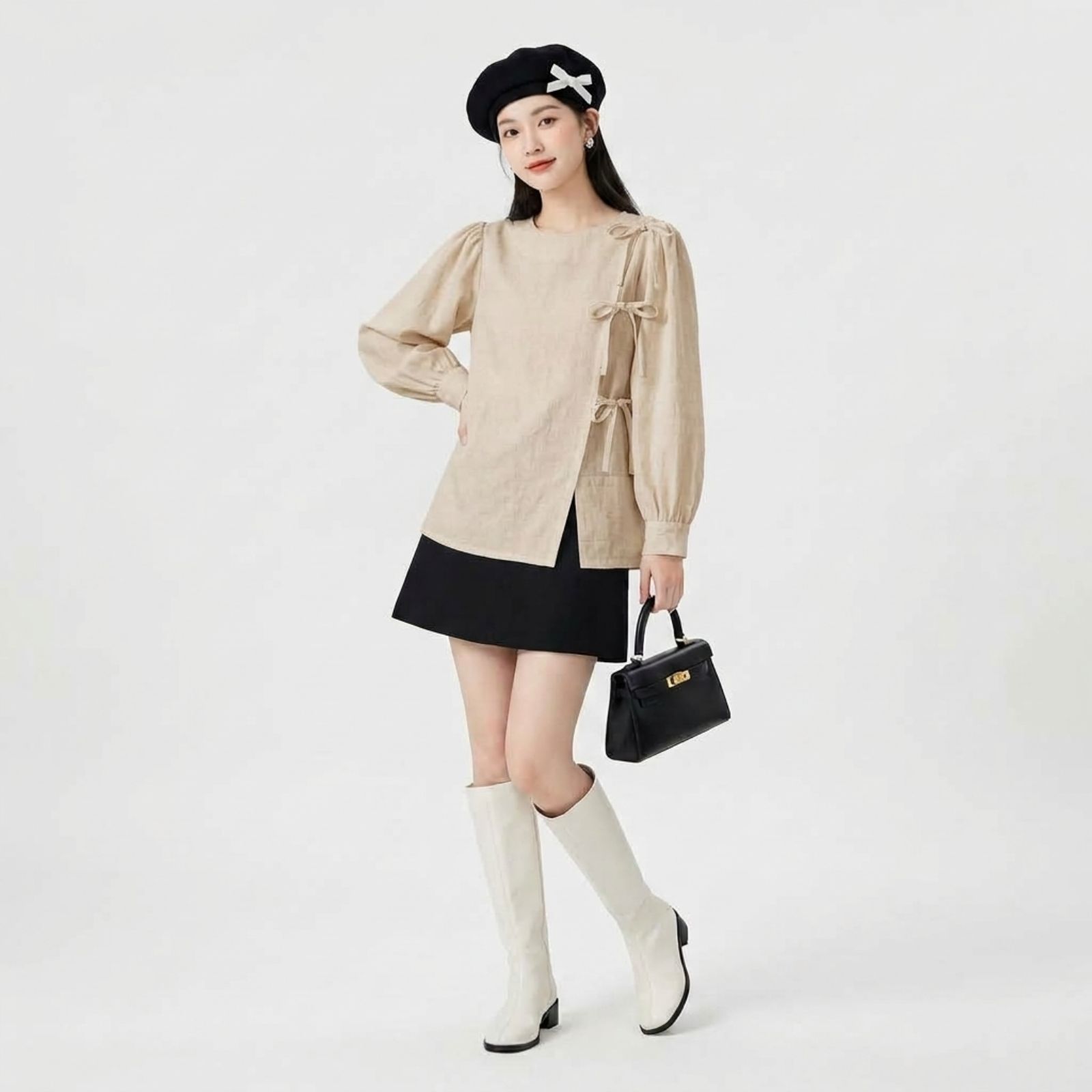 Blouse Korean Bow Elegance KHAKI