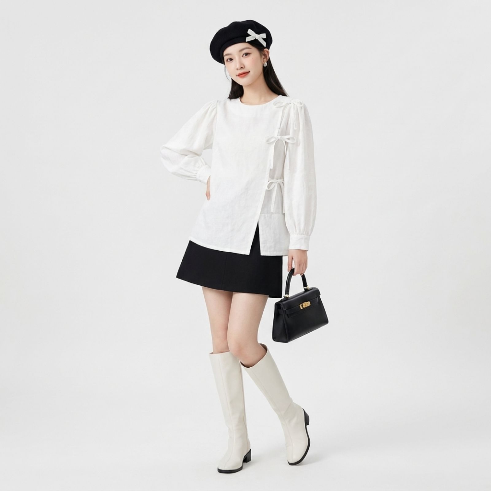 Blouse Korean Bow Elegance PUTIH