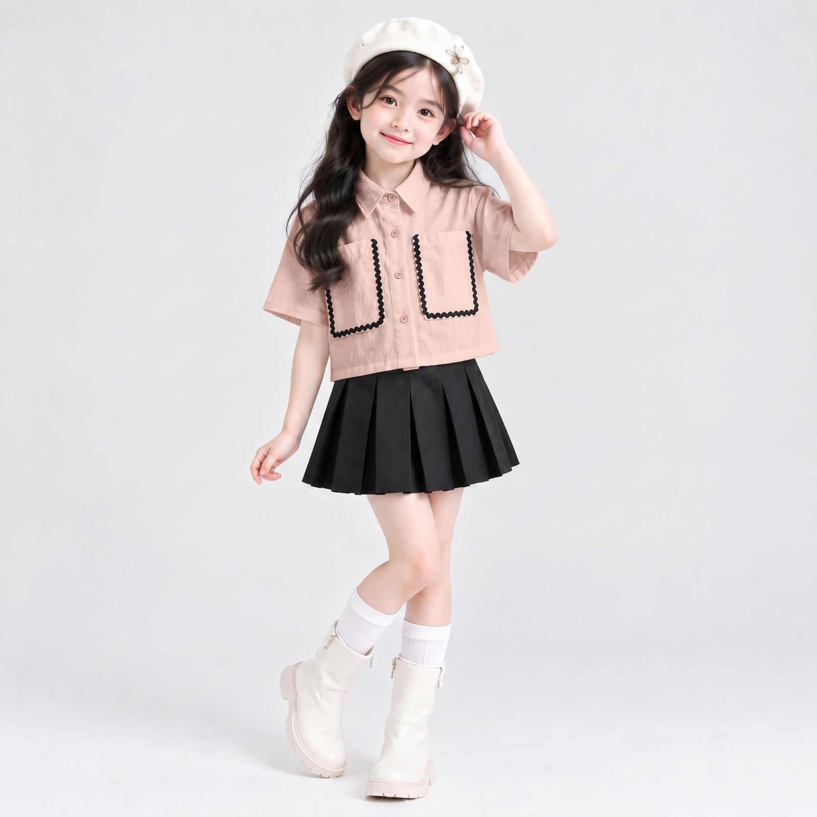 Girls Contrast Trim Crop Shirt Kids / Kemeja Crop Anak Perempuan Aksen Lis Kontras PEACH