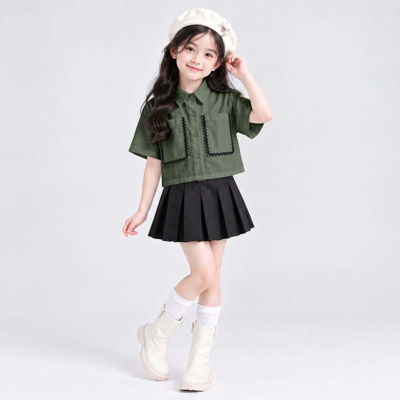 Girls Contrast Trim Crop Shirt Kids / Kemeja Crop Anak Perempuan Aksen Lis Kontras ARMY
