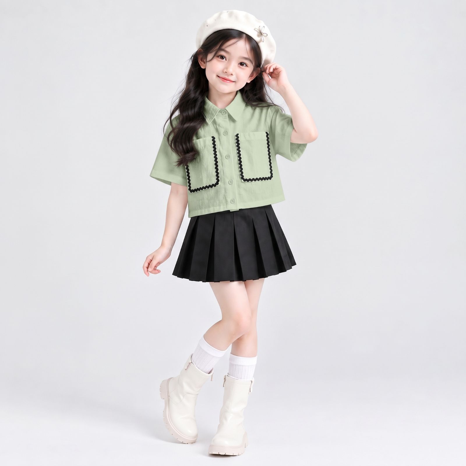 Girls Contrast Trim Crop Shirt Kids / Kemeja Crop Anak Perempuan Aksen Lis Kontras MINT