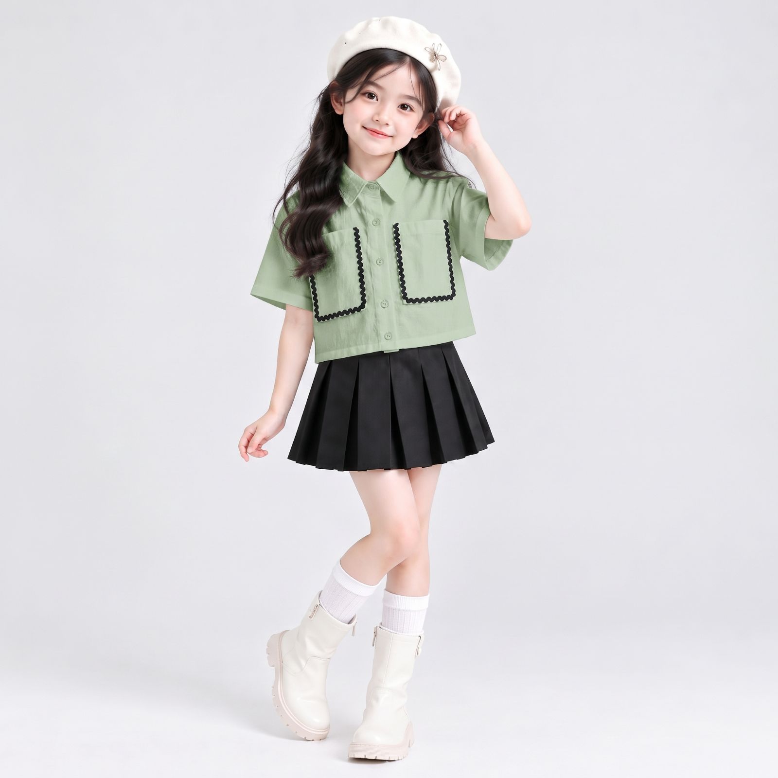 Girls Contrast Trim Crop Shirt Kids / Kemeja Crop Anak Perempuan Aksen Lis Kontras SAGE