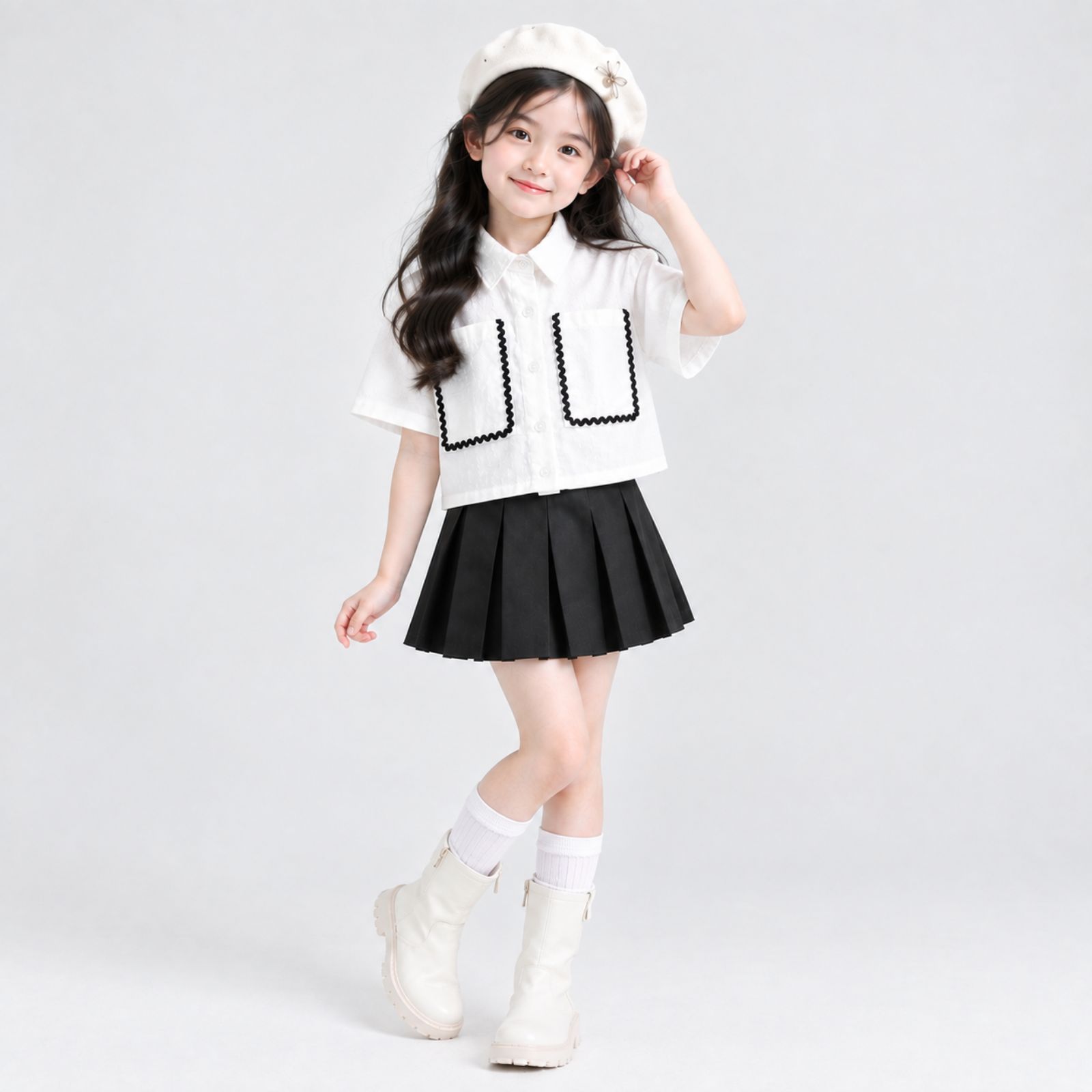 Girls Contrast Trim Crop Shirt Kids / Kemeja Crop Anak Perempuan Aksen Lis Kontras PUTIH