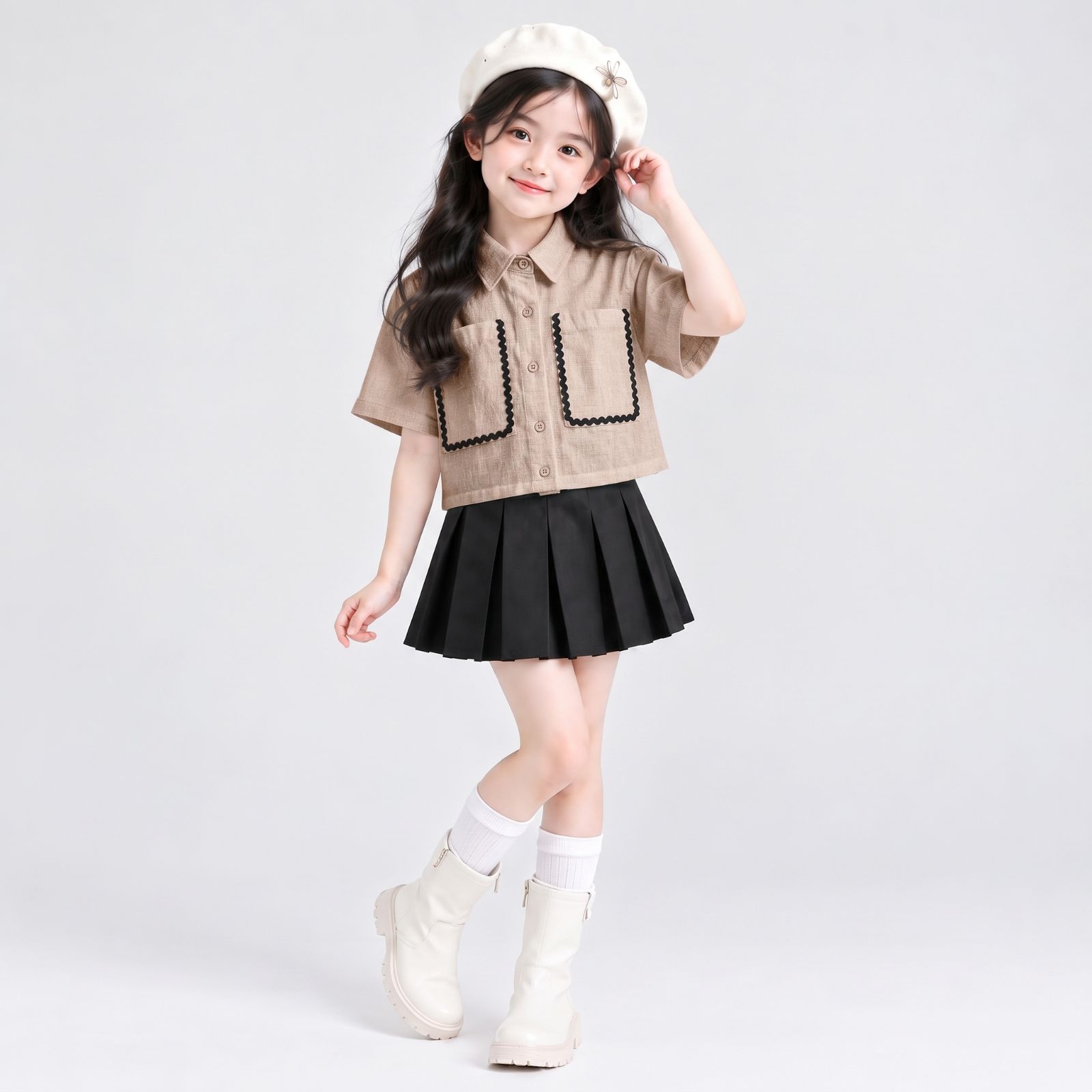 Girls Contrast Trim Crop Shirt Kids / Kemeja Crop Anak Perempuan Aksen Lis Kontras MILO