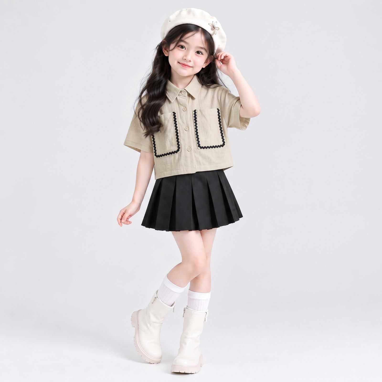 Girls Contrast Trim Crop Shirt Kids / Kemeja Crop Anak Perempuan Aksen Lis Kontras BEIGE