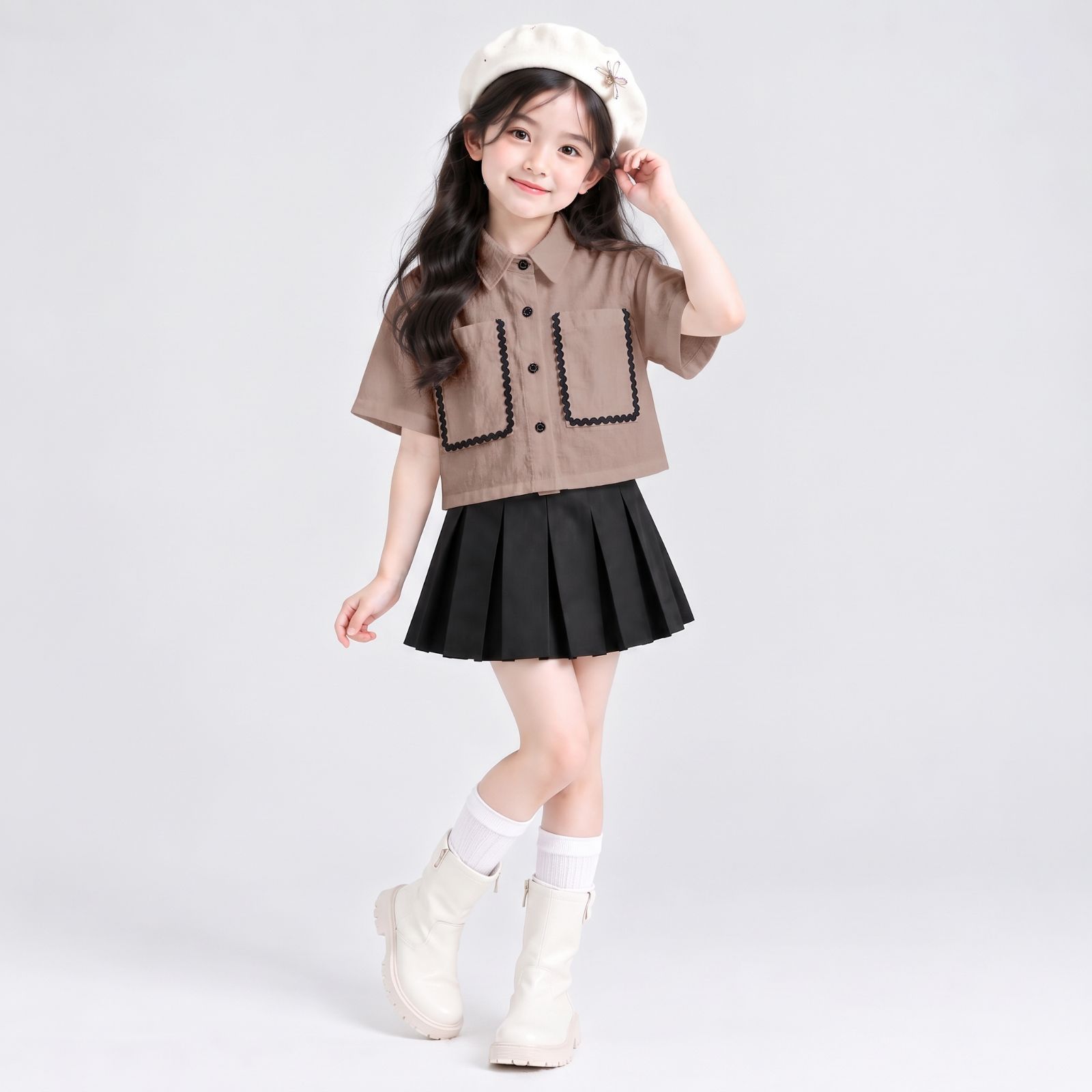Girls Contrast Trim Crop Shirt Kids / Kemeja Crop Anak Perempuan Aksen Lis Kontras LATTE