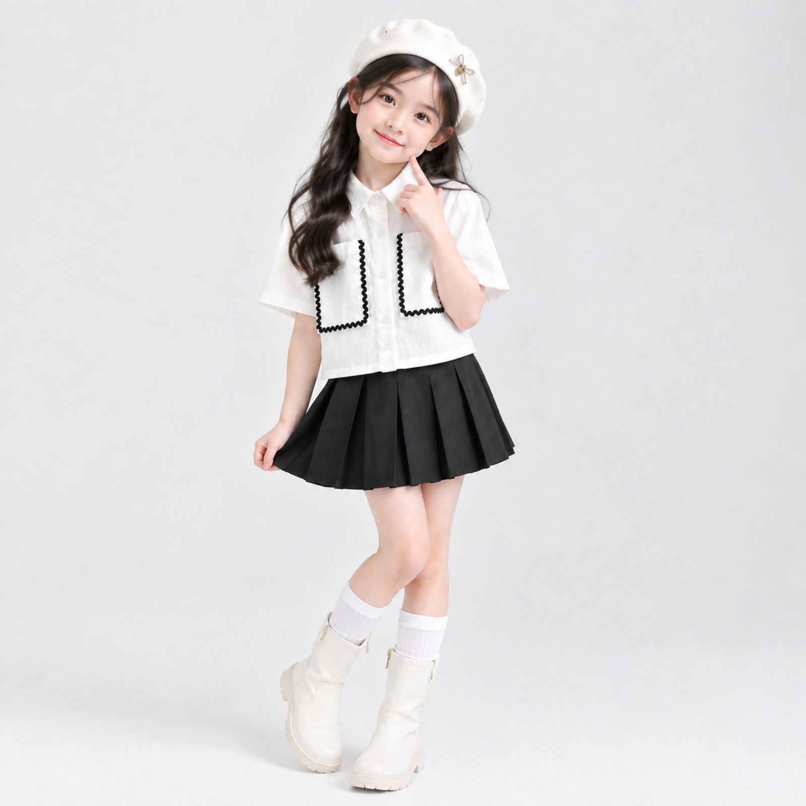 Girls Contrast Trim Crop Shirt Kids / Kemeja Crop Anak Perempuan Aksen Lis Kontras sampul