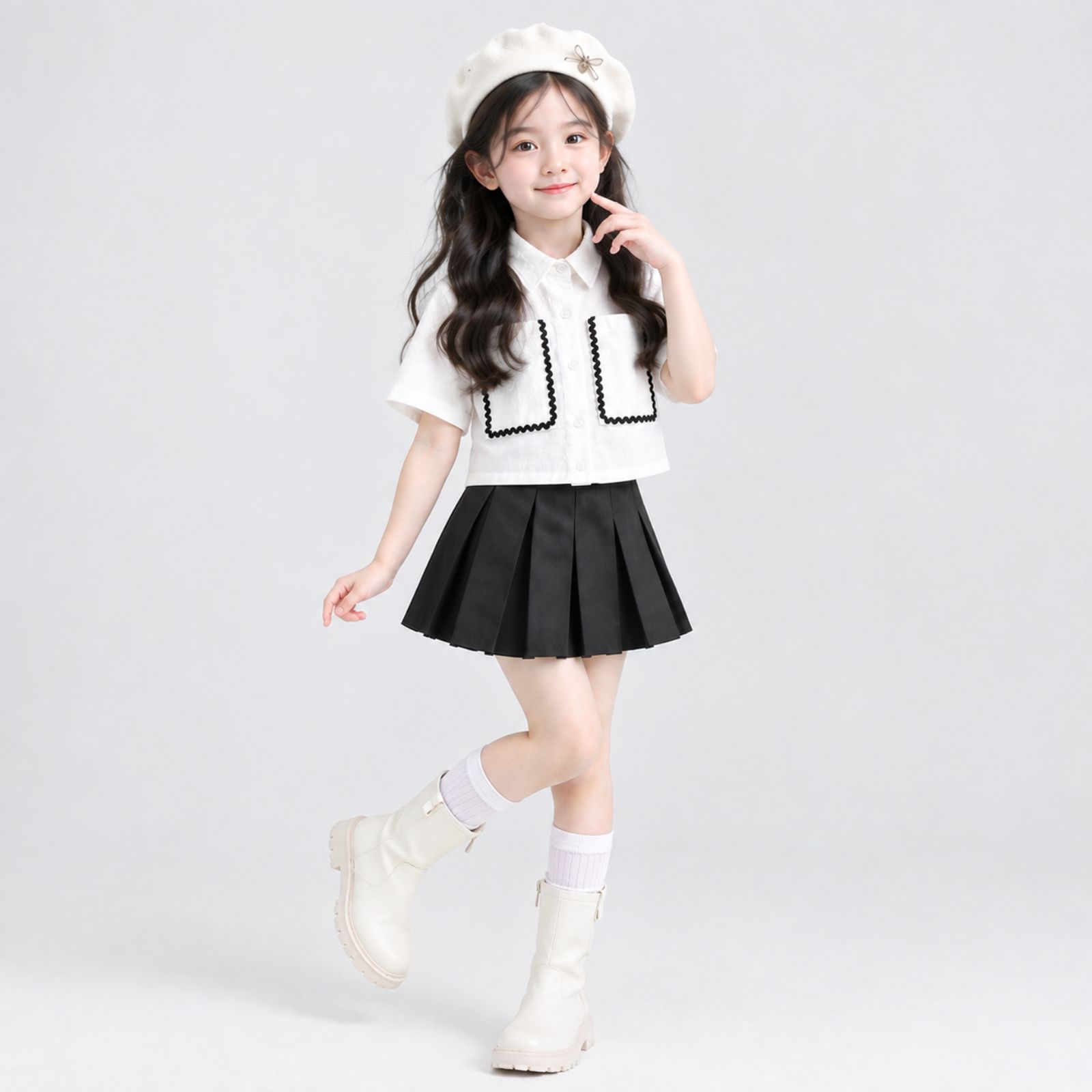 Girls Contrast Trim Crop Shirt Kids / Kemeja Crop Anak Perempuan Aksen Lis Kontras sampul