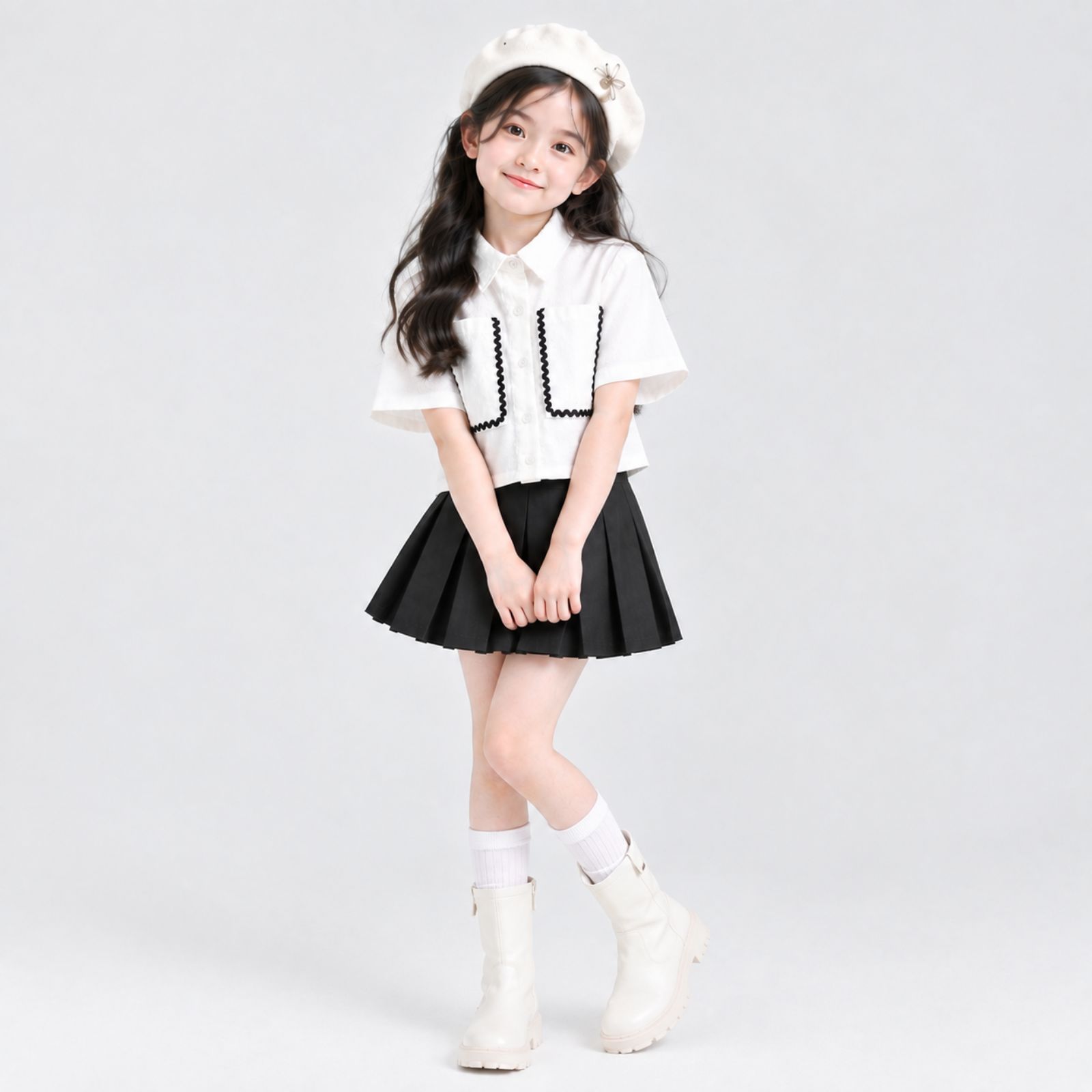 Girls Contrast Trim Crop Shirt Kids / Kemeja Crop Anak Perempuan Aksen Lis Kontras sampul