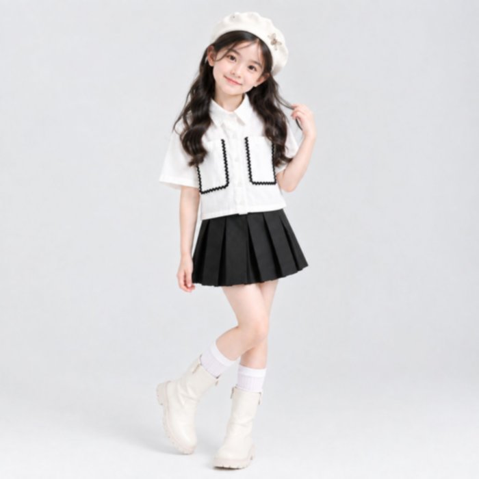 Girls Contrast Trim Crop Shirt Kids / Kemeja Crop Anak Perempuan Aksen Lis Kontras