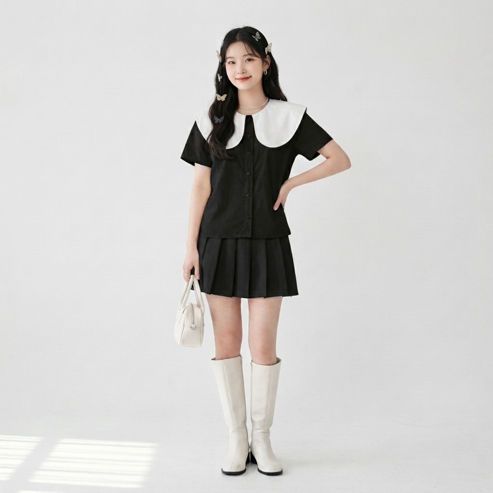 Atasan Wanita Korean Style Kerah Peter Pan Bahan Poplin HITAM