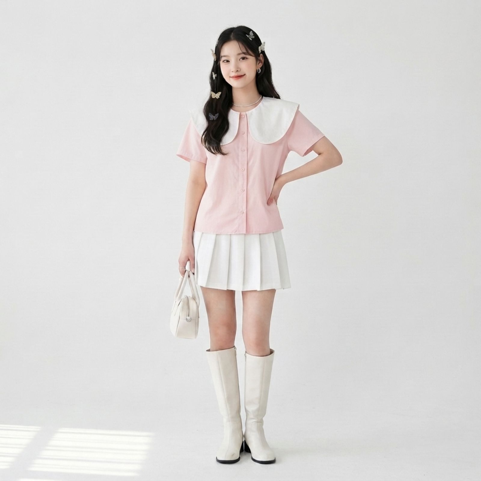 Atasan Wanita Korean Style Kerah Peter Pan Bahan Poplin DUSTY PINK