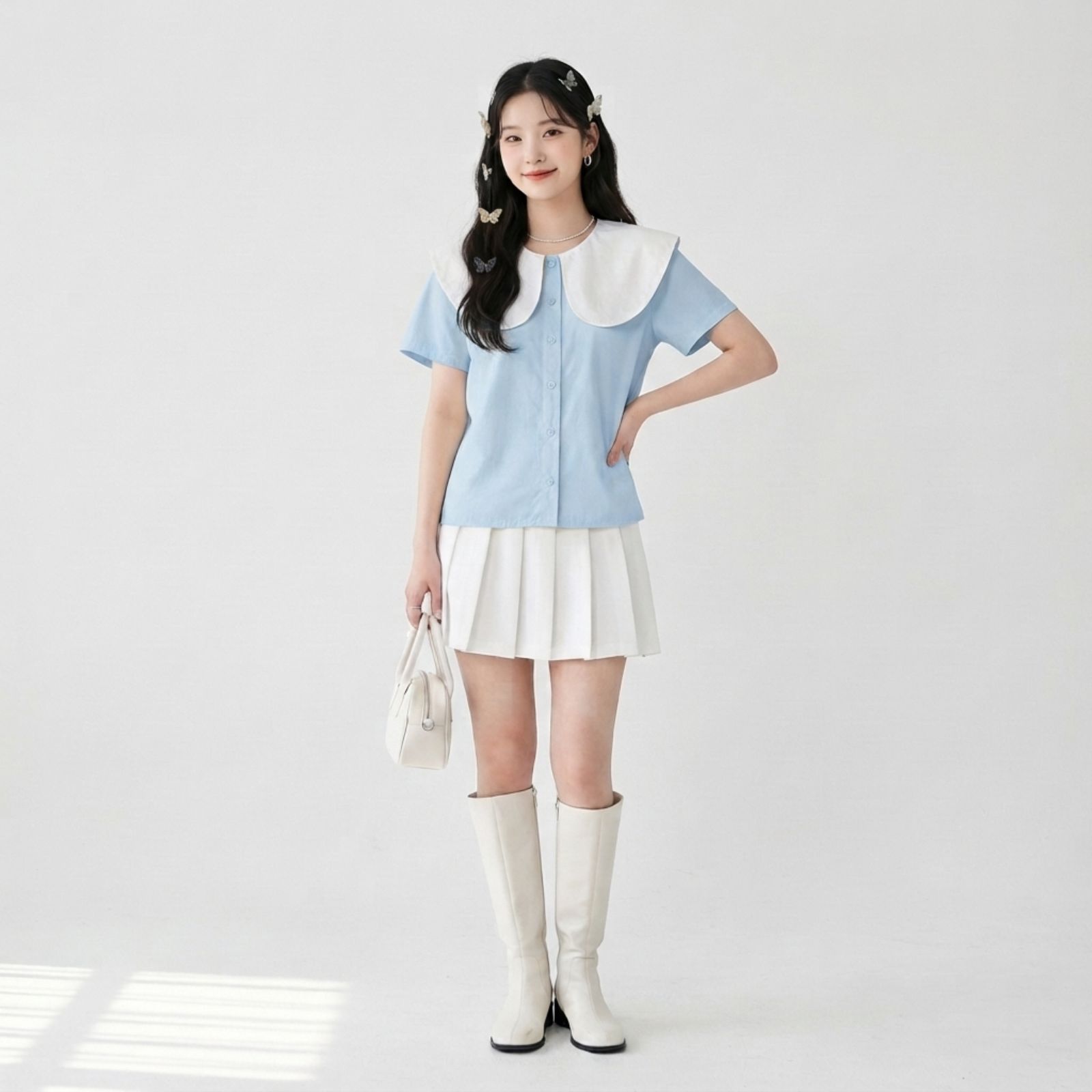 Atasan Wanita Korean Style Kerah Peter Pan Bahan Poplin SOFT BLUE