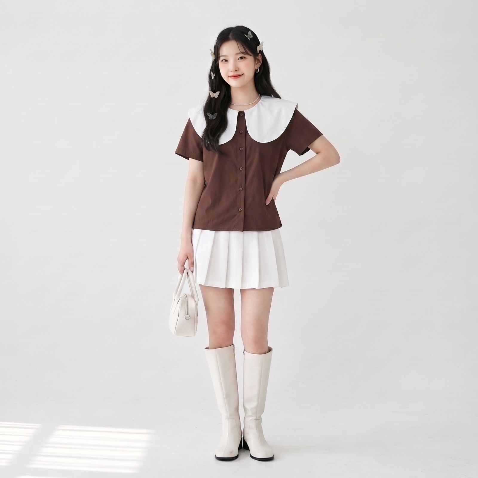 Atasan Wanita Korean Style Kerah Peter Pan Bahan Poplin MAHOGANY